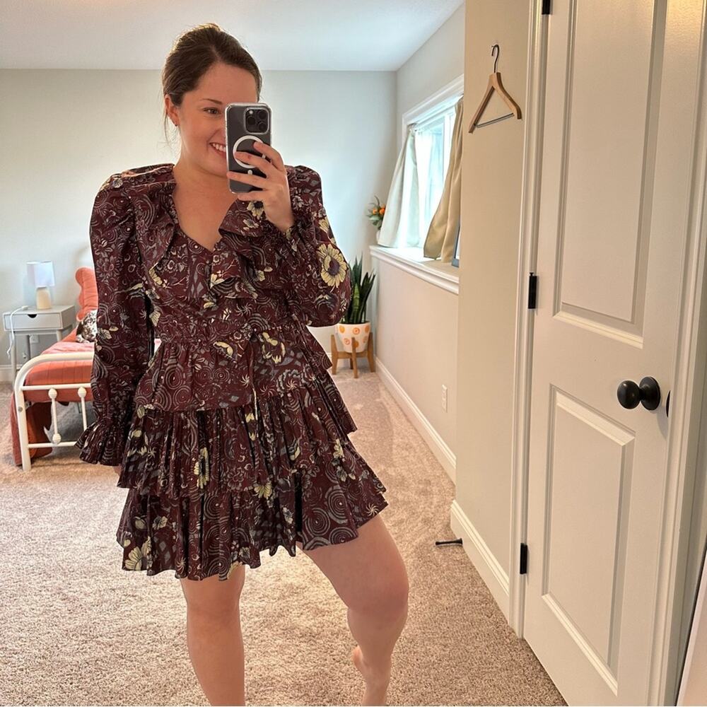 Ulla Johnson Maroon Blue Floral Long Sleeve Mini Dress 2 - Picture 2 of 12